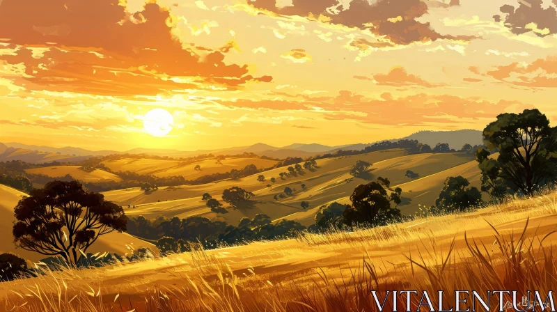 Hilly Field at Sunset: A Serene Landscape AI Image
