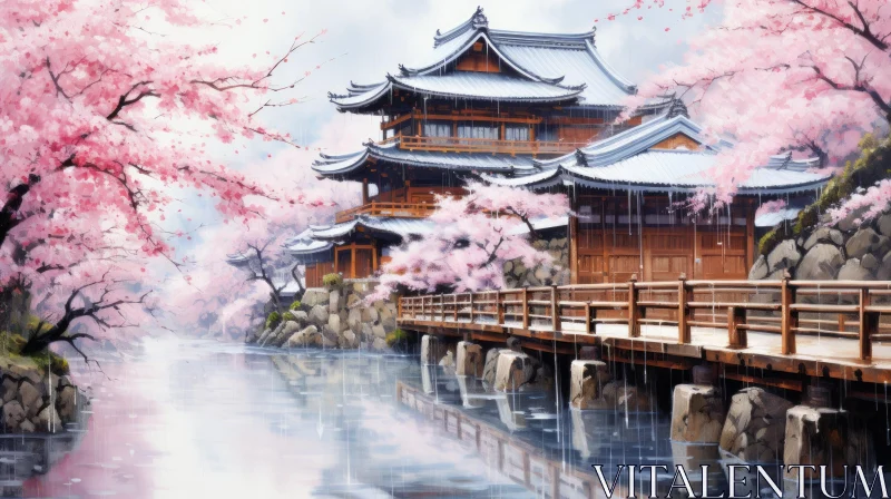 Japanese Structure and Cherry Blossoms: A Realistic Fantasy Painting AI Image