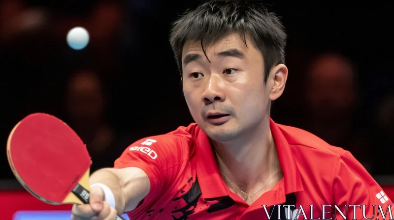 Passionate Table Tennis: A Man in a Red Dress Hits Balls with Strong Expression AI Image