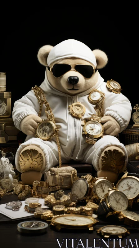 Steampunk Hip-Hop Teddy Bear Surrounded by Watches AI Image