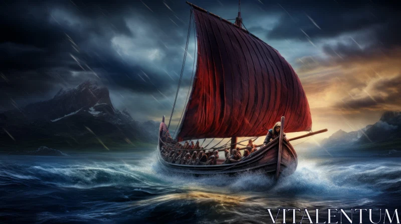 Viking Ship Sailing Through Stormy Seas | Epic Portraiture | 500-1000 CE AI Image
