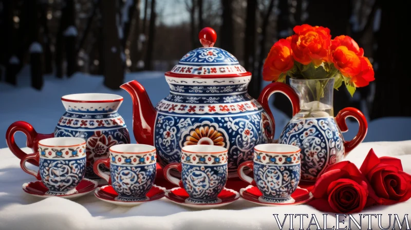Vintage Ukrainian Tea Set with Red, White, and Blue Floral Pattern AI Image