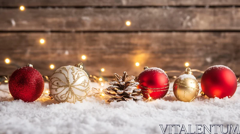 Christmas Decor in Snow with Ornament Balls and Pinecone AI Image