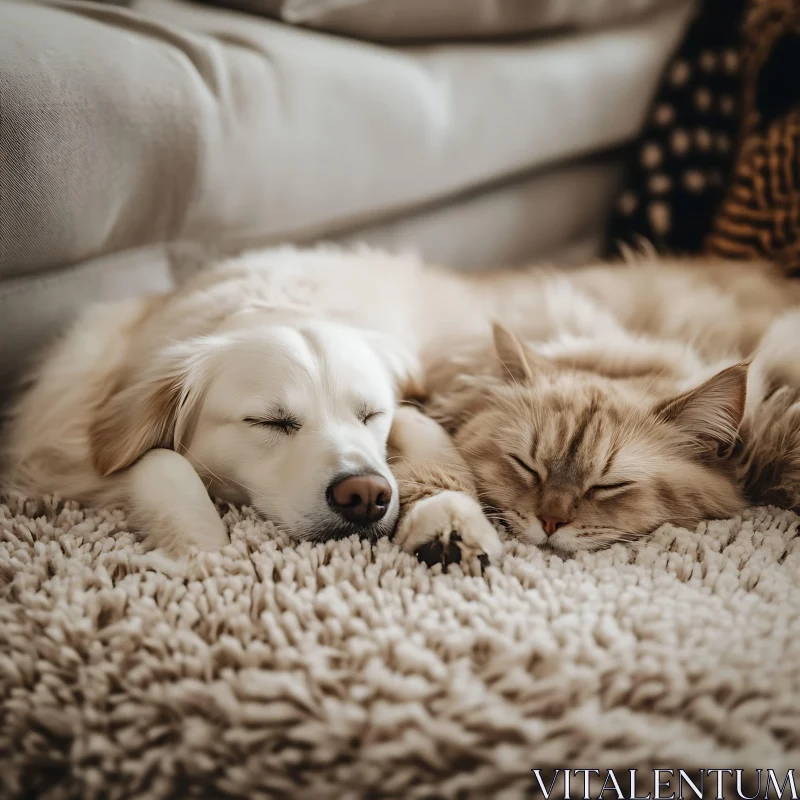 Cute Dog and Cat Napping on a Cozy Rug AI Image