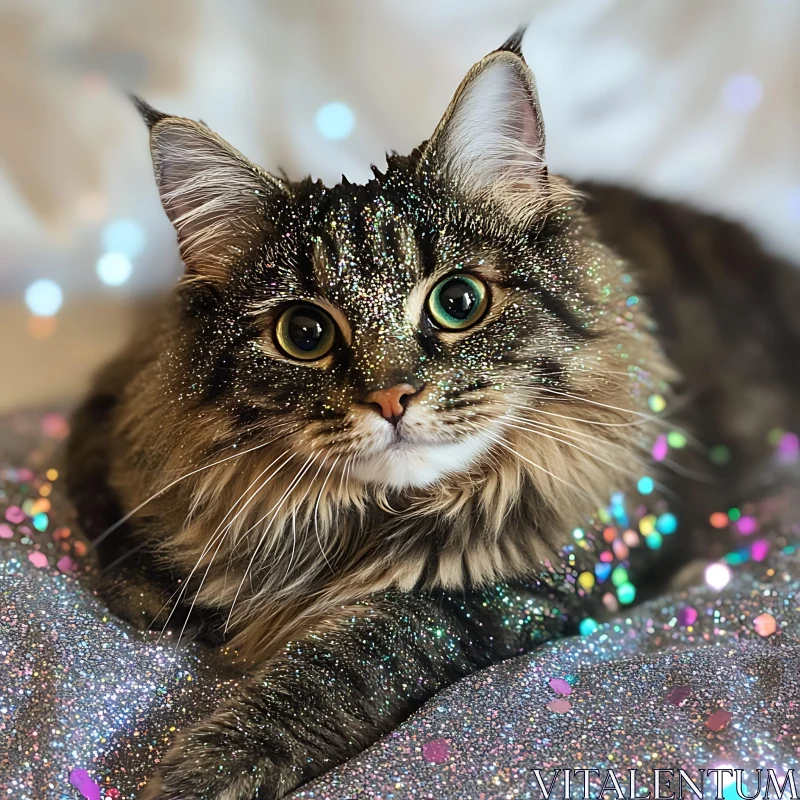 Glitter-Covered Feline Portrait AI Image