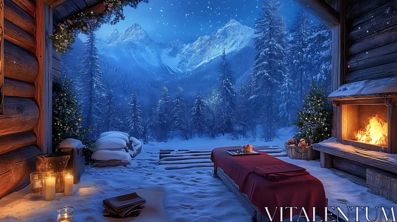 Cozy Snowy Cabin with Fireplace and Mountain View AI Image