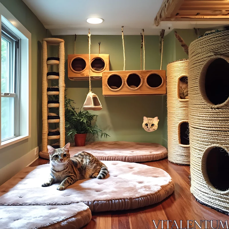 Feline Haven: Wooden Cat Room with Plush Cushions AI Image