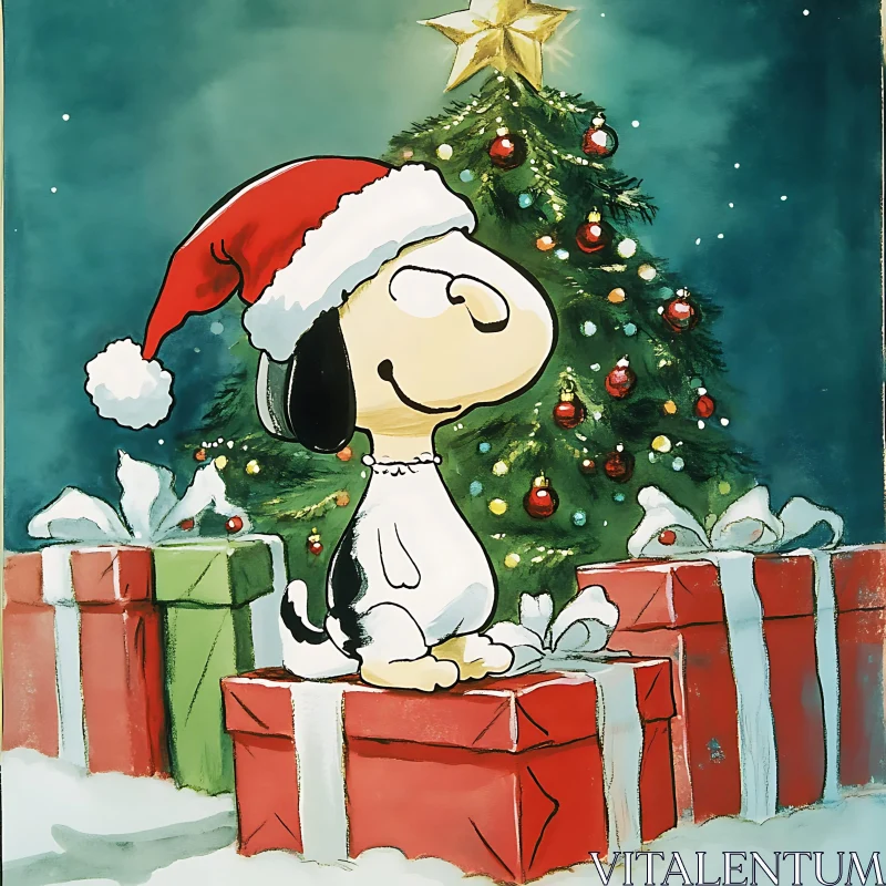 Holiday Cartoon Dog with Santa Hat and Tree AI Image