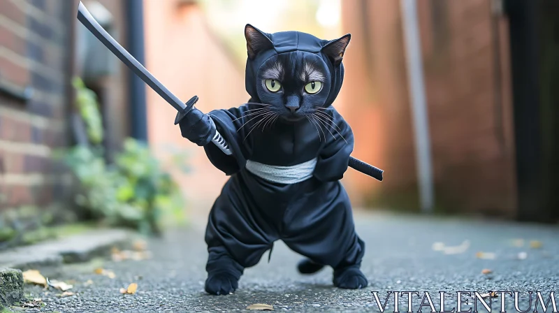 Ninja Cat with Sword in Alleyway AI Image