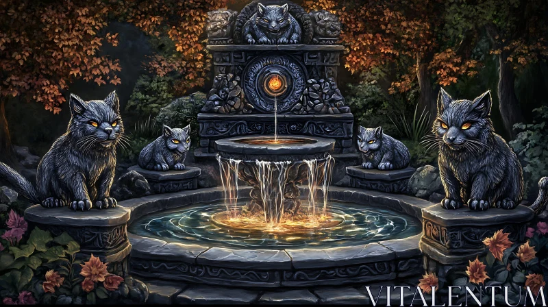 Mystical Fountain Surrounded by Enchanted Cat Statues AI Image