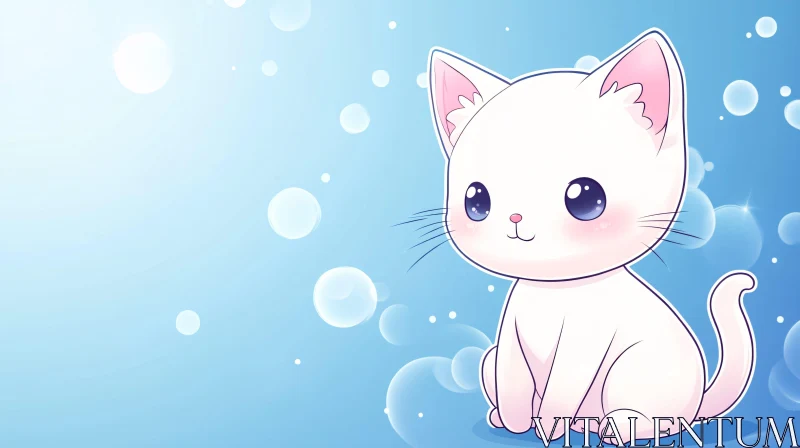 AI ART Cute White Kitten Illustration with Bubbles