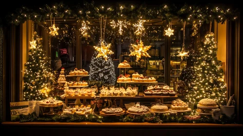 Holiday-Themed Bakery Window with Pastries