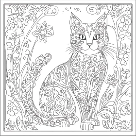 Decorative Cat Illustration Amidst Flowers