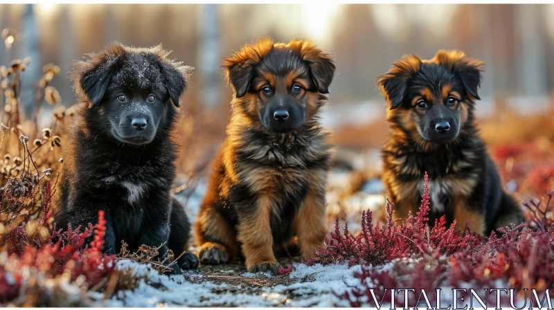 Adorable Puppies in Snowy Field - Curious German Shepherds AI Image