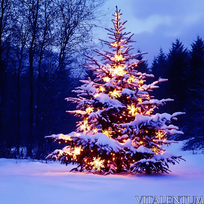 Twilight Christmas Tree with Snow and Warm Lights AI Image