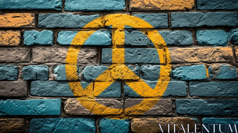 AI ART Blue Brick Wall with Yellow Peace Sign - Symbol of Peace and Hope