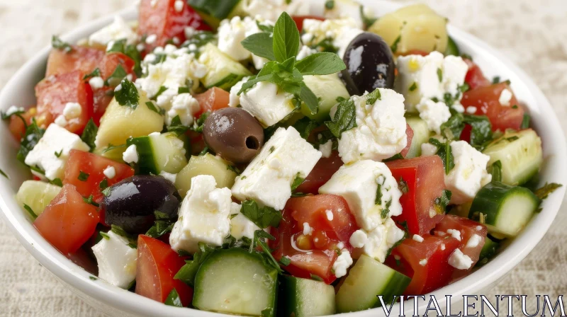 Delicious Greek Salad: Fresh Tomatoes, Cucumbers, Onions, Olives, and Feta Cheese AI Image