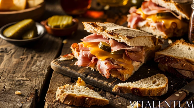 Delicious Ham and Cheese Sandwich on Wooden Cutting Board AI Image
