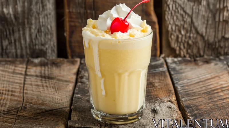 Delicious Vanilla Milkshake with Whipped Cream and Cherry on Wooden Table AI Image