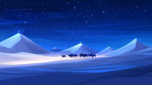 Camel Caravan Traversing a Night Desert Landscape