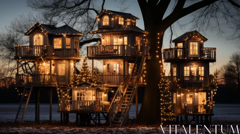 Enchanting Treehouse with Lights and Ornaments | Playful yet Sophisticated AI Image