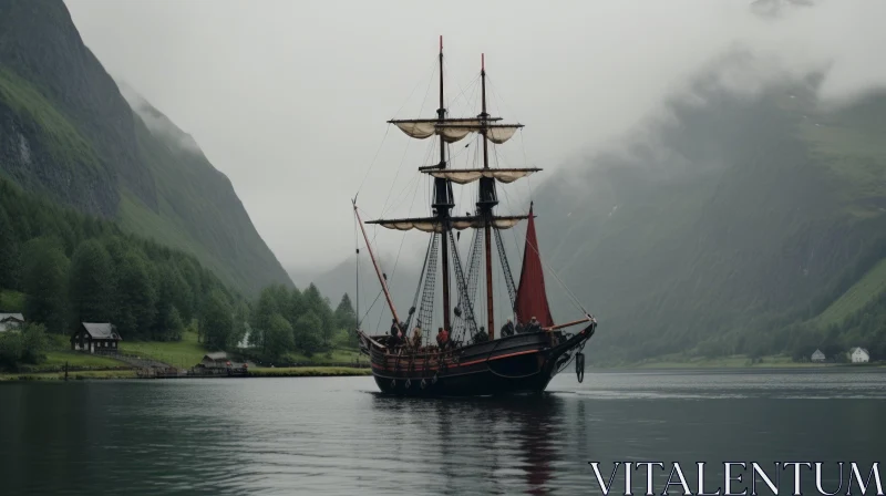 Enigmatic Ancient Ship in Mist | Norwegian Nature | UHD Image AI Image