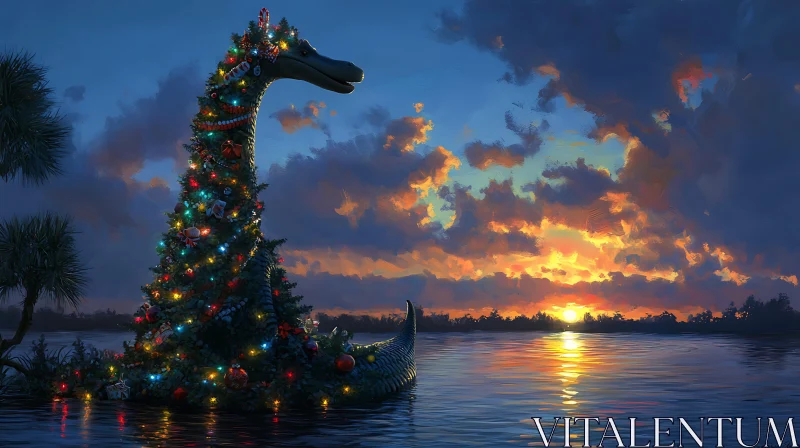 Festive Dinosaur at Sunset AI Image