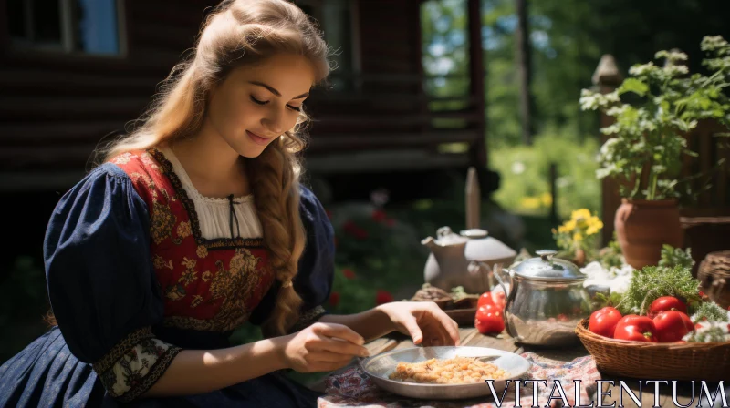 Fairytale-Inspired Russian Countryside Scene with Traditional Attire AI Image