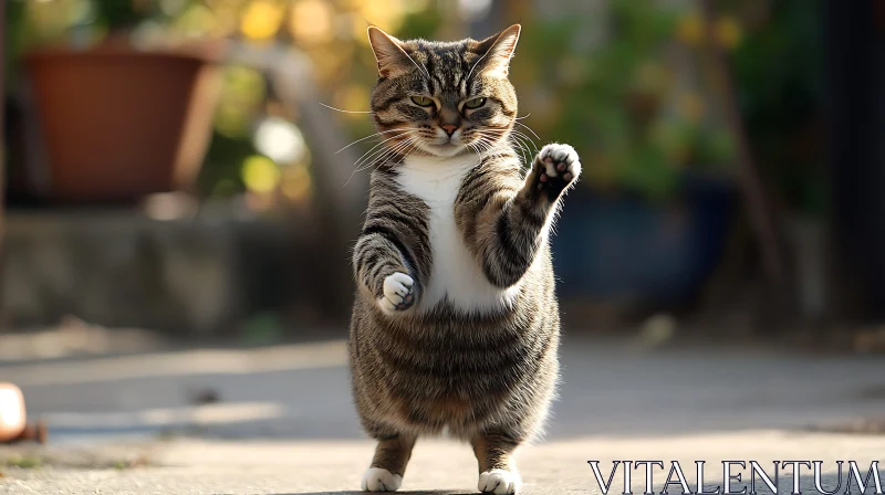 Tabby Cat on Hind Legs in a Garden AI Image