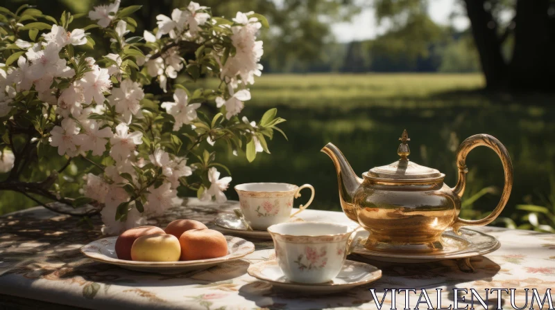 Golden Teapot in Dreamy English Countryside Garden AI Image