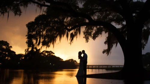Gothic-Inspired Wedding Portrait at Sunset by Water