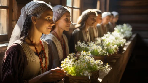 Medieval Women Gathering Flowers: A Nostalgic Scene