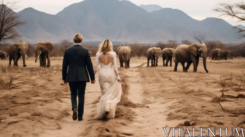 Newlyweds in Desert with Elephants - Essence of Love and Wilderness AI Image