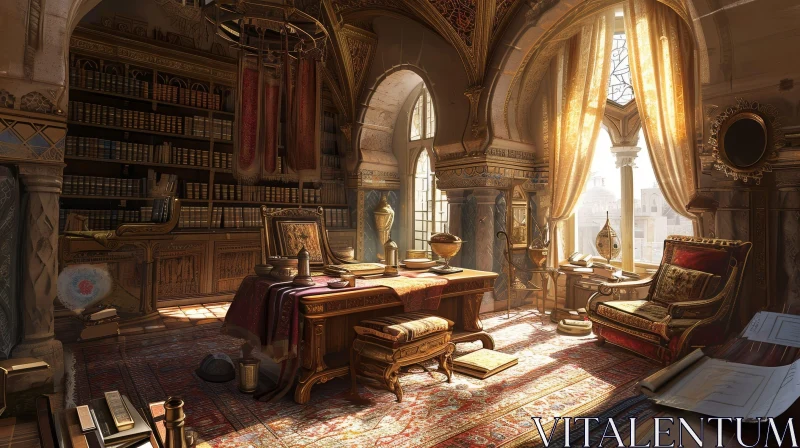 Opulent Palace Room with Bookshelves and a Majestic Desk AI Image