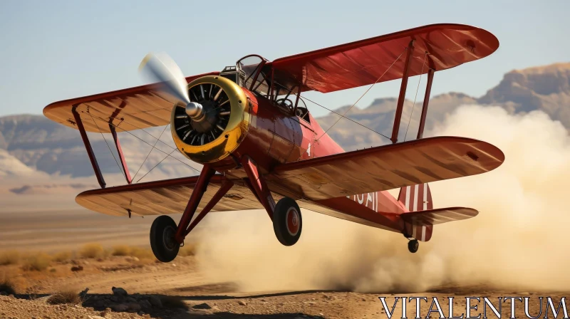 Red Biplane Takeoff in Desert Landscape AI Image