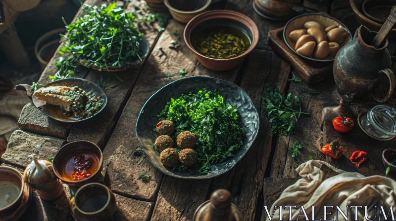 Rustic Wooden Table with Assorted Food: A Feast for the Senses AI Image