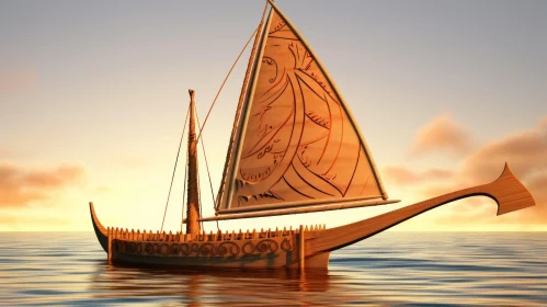 Sail Boat on Ocean at Sunset - Maori Art 3D Illustration