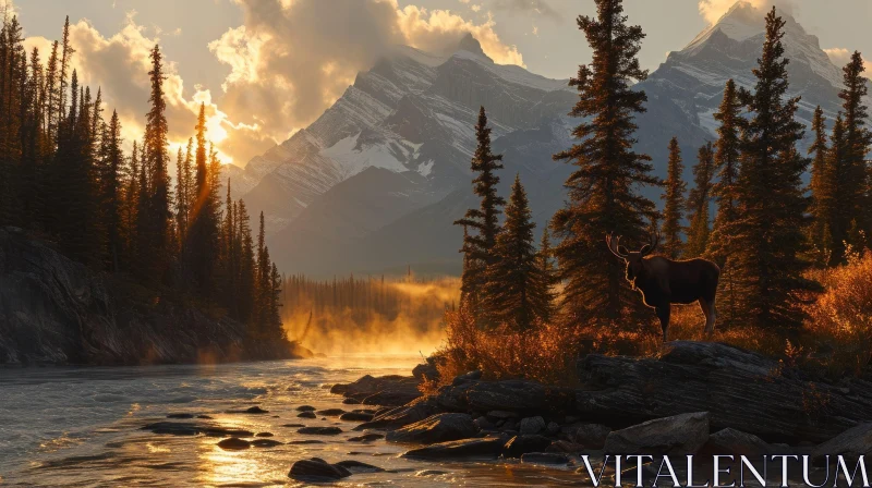 Serene Mountain River at Sunrise: A Captivating Nature Landscape AI Image