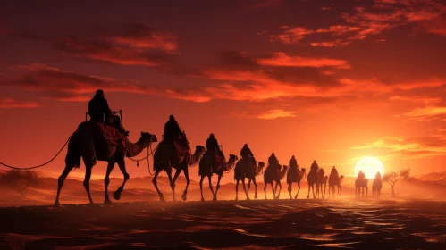 Sunrise Concept with Men Traveling on Camels - A Captivating Artwork