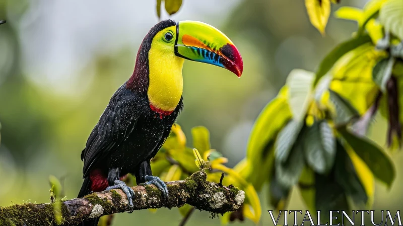 Vibrant Toucan Perched on Branch in Tropical Rainforest AI Image
