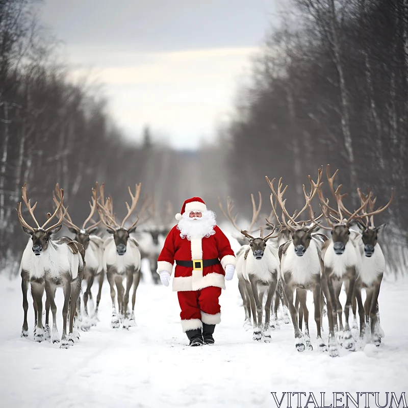 Festive Santa with Reindeer Amidst Winter Wonderland AI Image