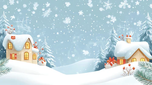 Snowy Christmas Scene with Warm Cozy Houses