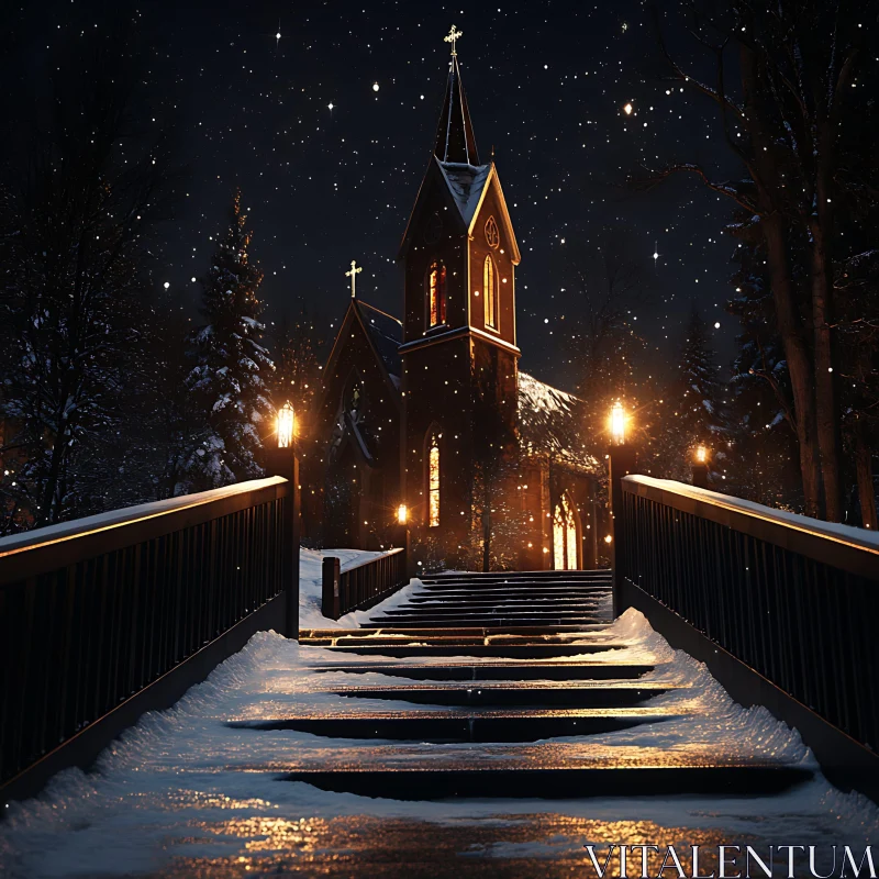 Beautiful Church in Winter Night AI Image