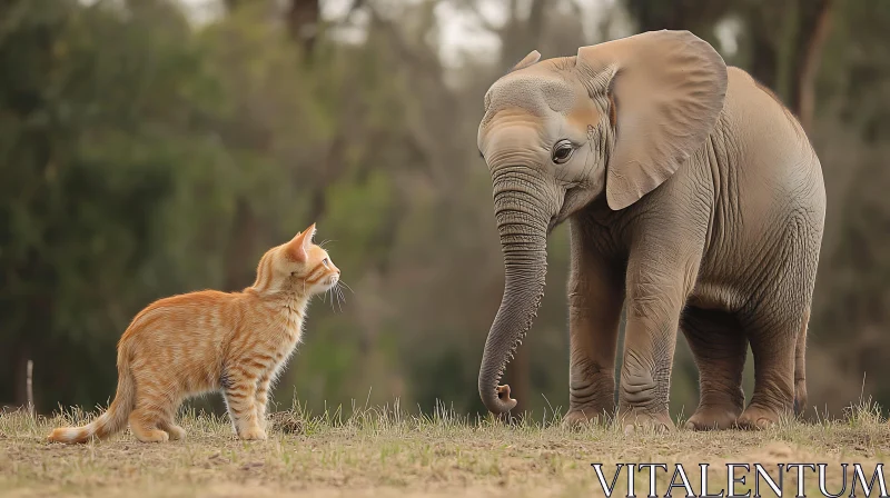 Heartwarming Encounter of Elephant and Cat in Field AI Image