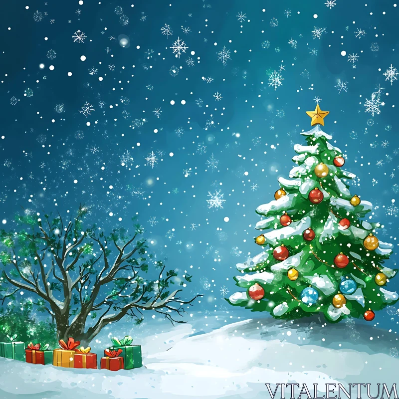 Festive Christmas Tree and Gifts in Snow AI Image