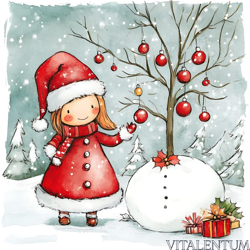 Festive Child with Christmas Tree in Winter Scene AI Image