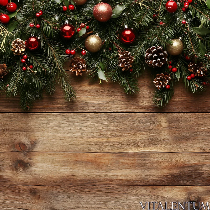 Christmas Pine Branches and Ornaments on Wooden Background AI Image