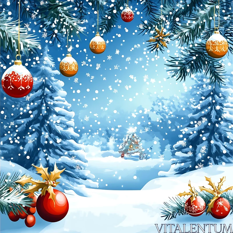 Winter Wonderland with Festive Decorations and Snowfall AI Image