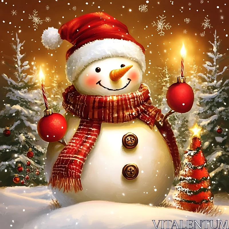 Festive Snowman with Candles and Ornaments AI Image