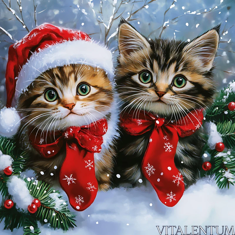 Festive Kittens in Snowy Landscape AI Image